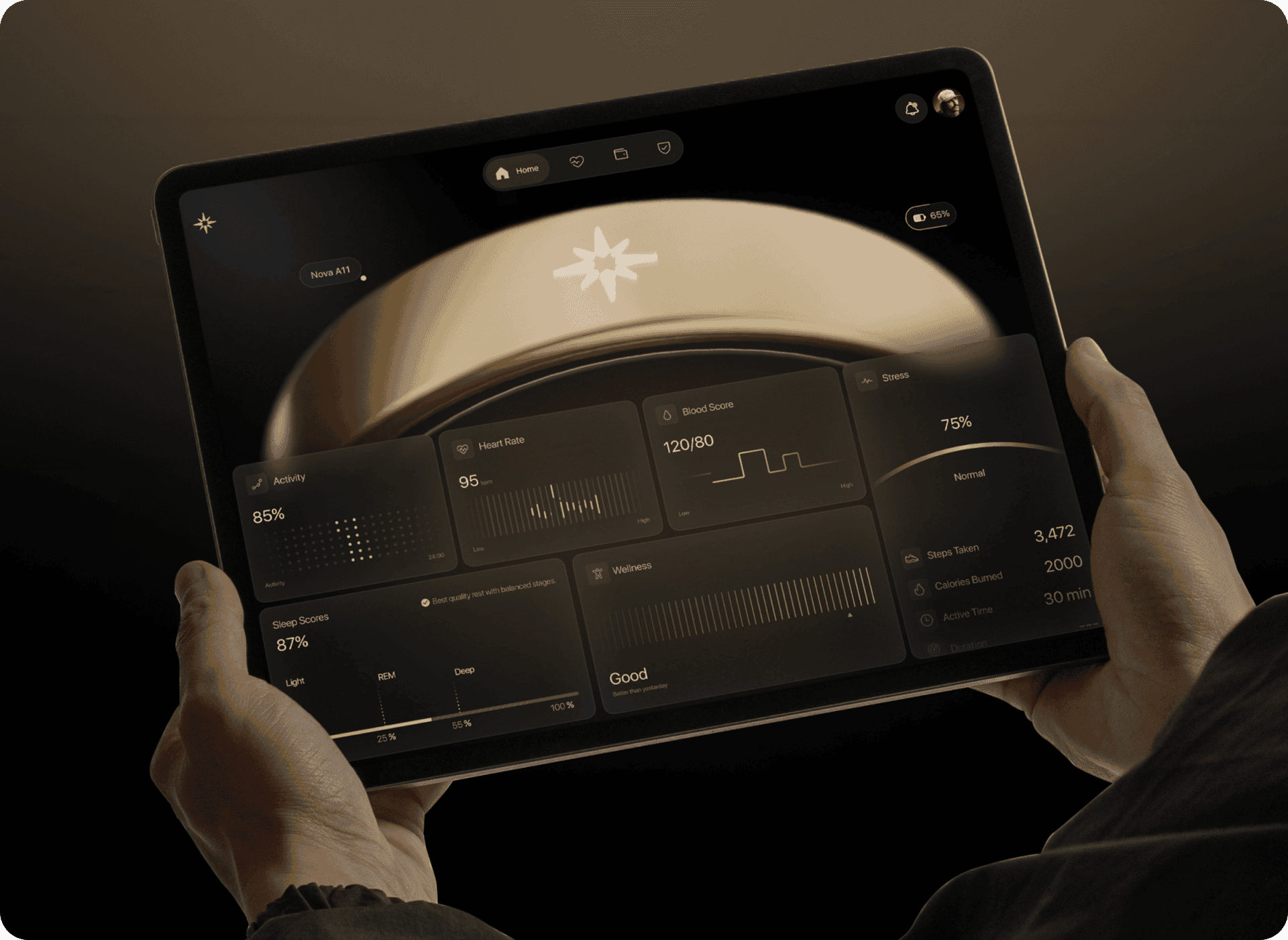 Nova AI smart wearable dashboard displayed on a tablet, featuring real-time health analytics, biometric tracking, wellness insights, and an intuitive UI/UX.