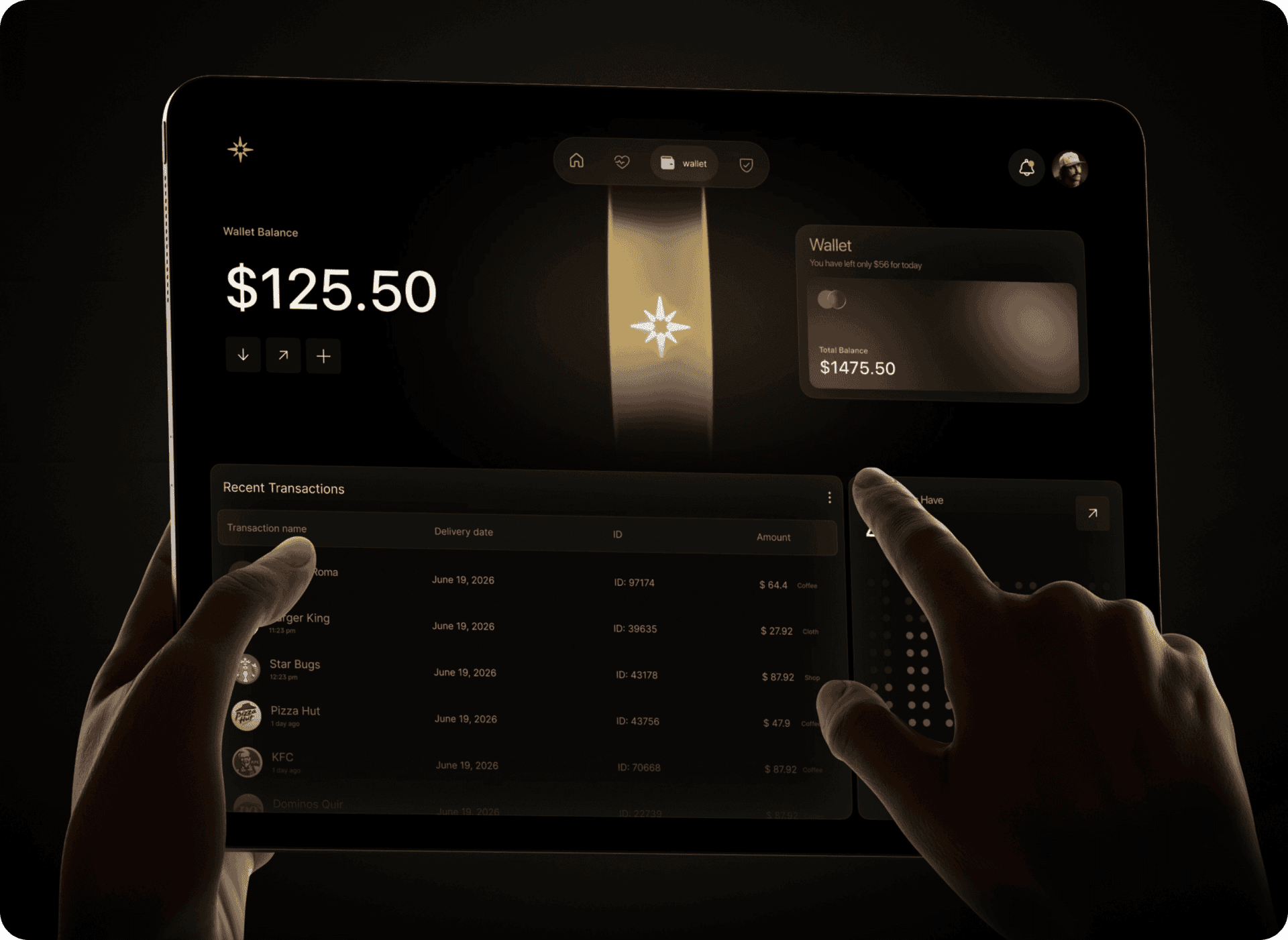 Nova AI smart wearable dashboard displayed on a tablet featuring a digital wallet interface, interactive dashboard UI, and premium user experience design.