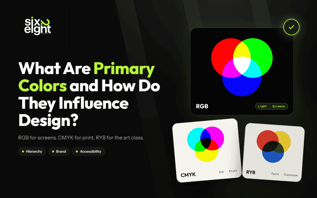 What are primary colors in design: RGB, CMYK and RYB color models shown as overlapping color-mixing circles